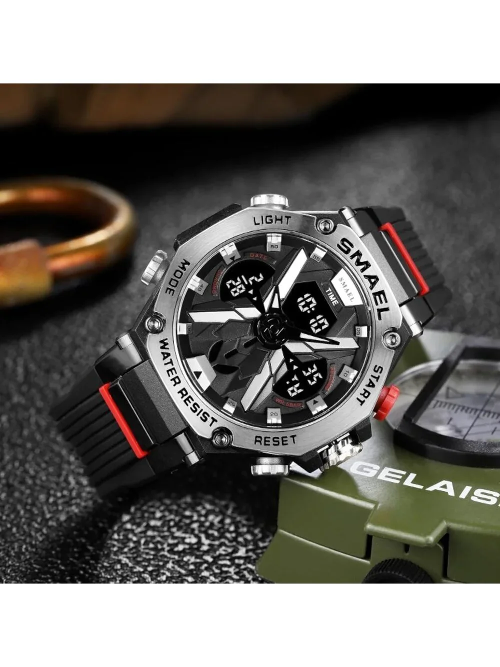 Men's Black Silver Analog Quartz Sports Waterproof Military Alarm Digital Watch